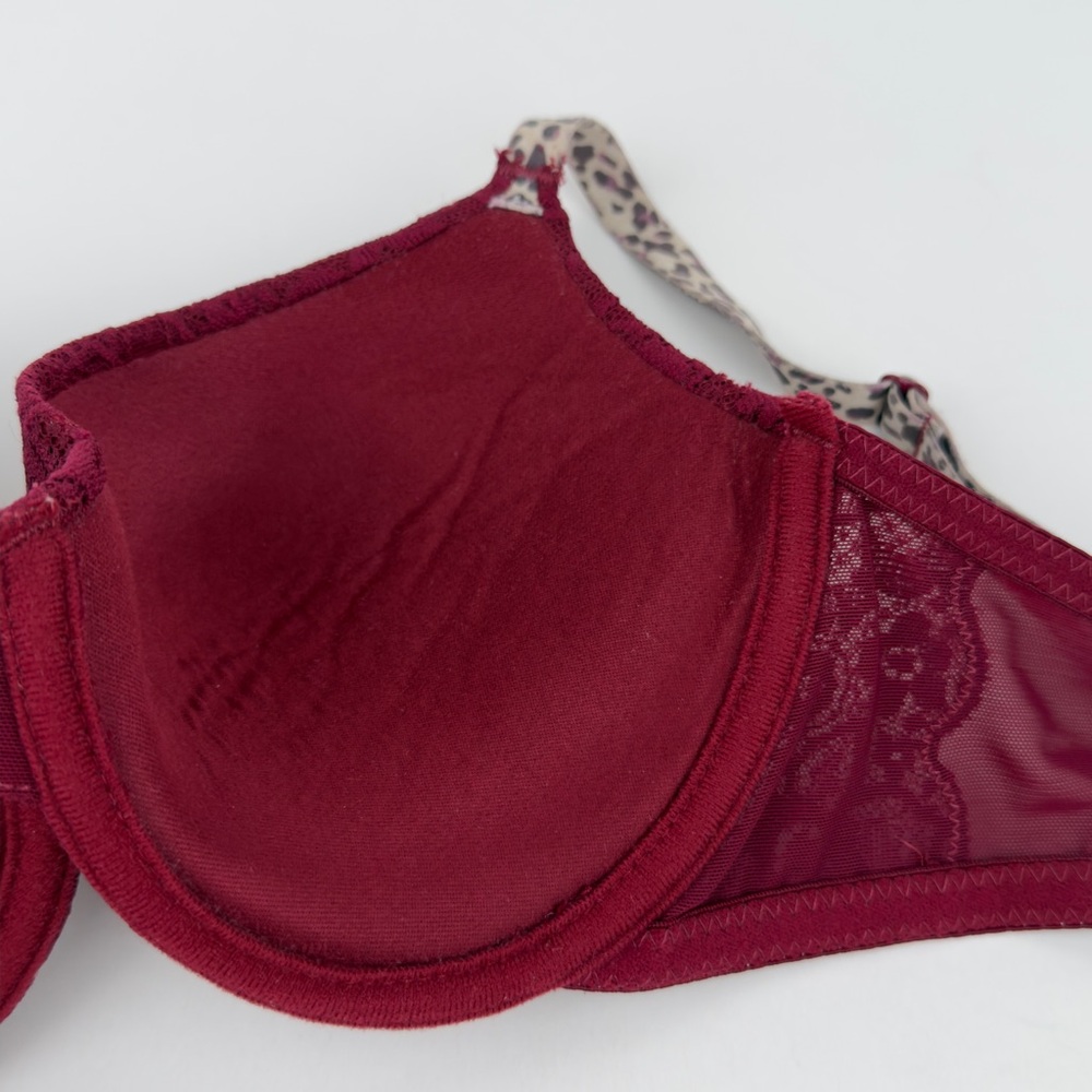 No Boundaries Push Up Bra 38B Burgundy Lace Padded Underwire Leopard Straps - Picture 6 of 8